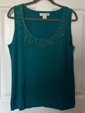 Silk Assets Teal Beaded Sequin Trim 100% Silk Knit Tank Top